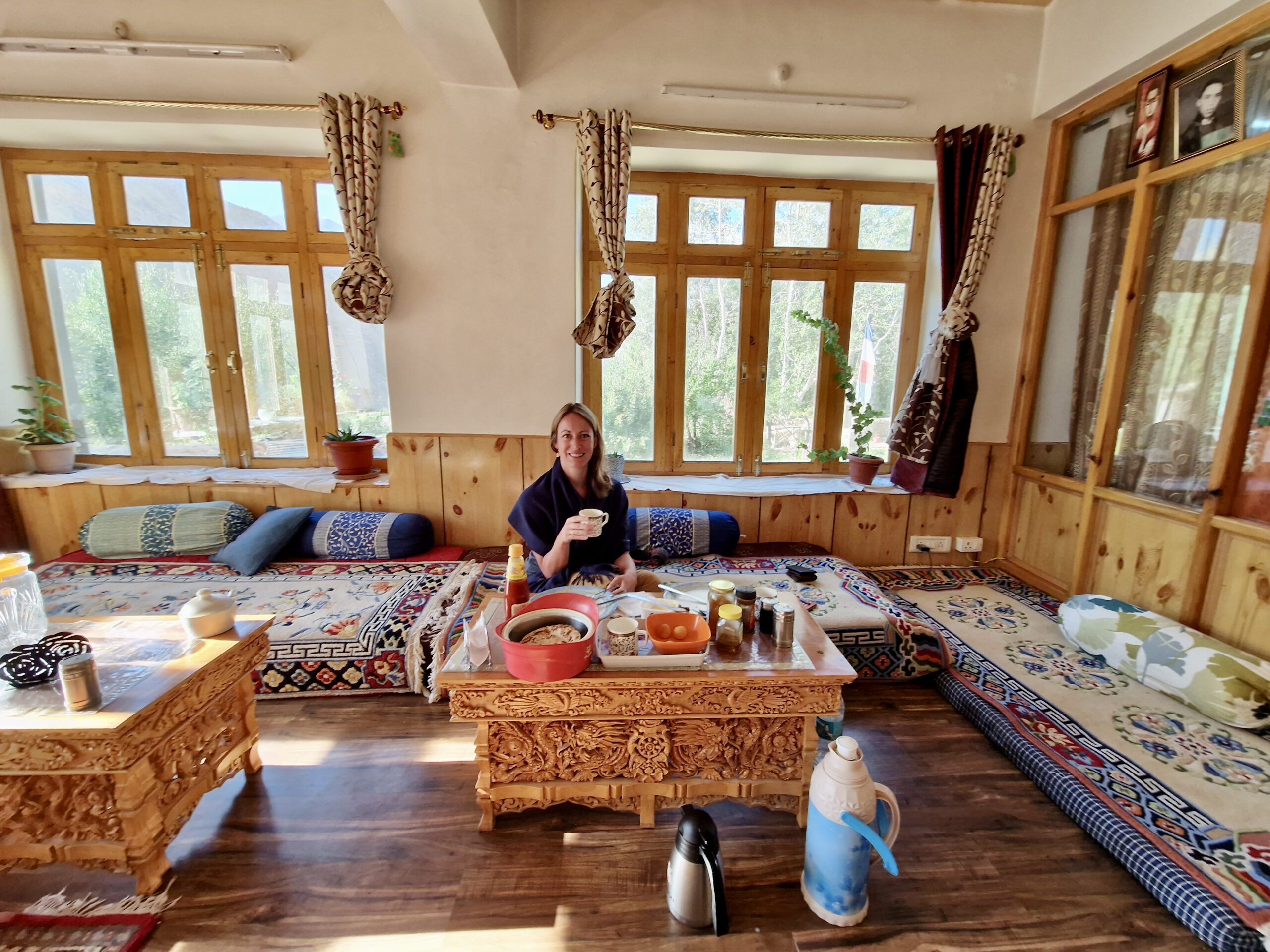 Breakfast with khambir bread with apricot jam and tea