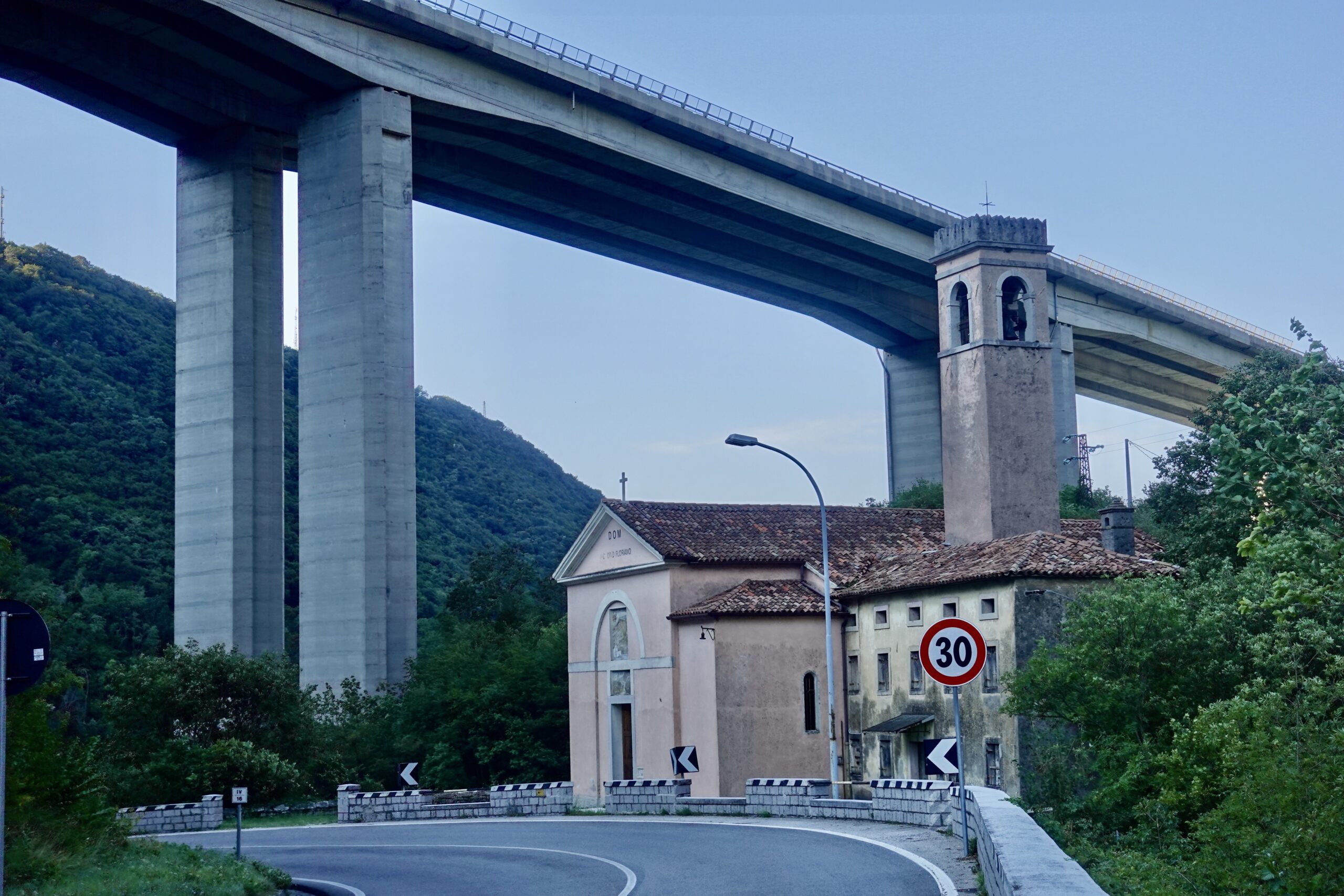 A church and a highway, we're definitely in Italy