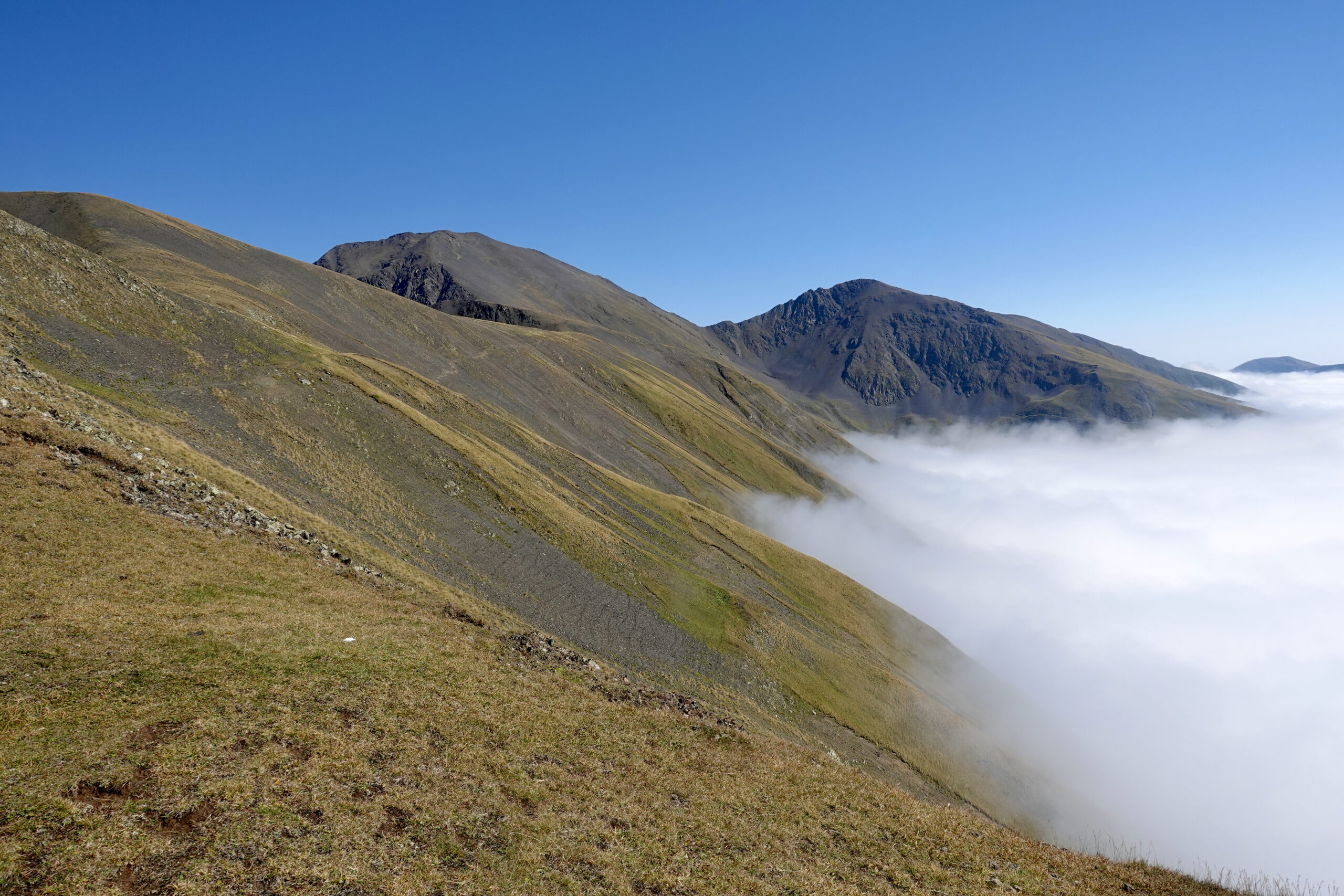 Auf dem Pass entkommen wir dem Nebel