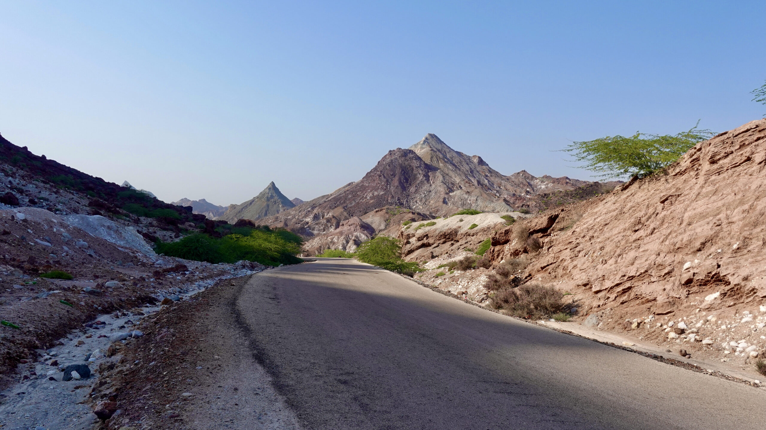 A tarmac road goes around the island