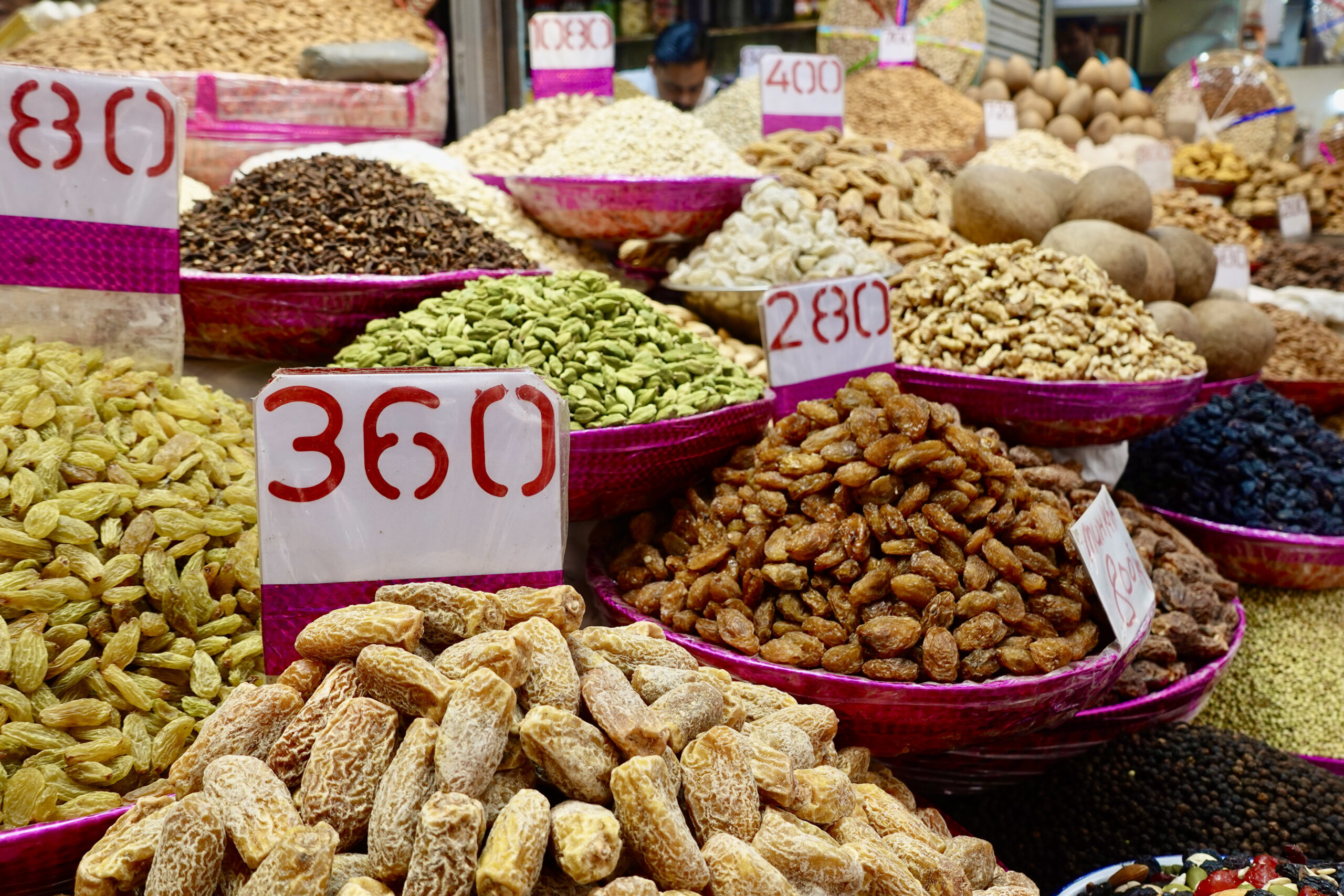 The spice stores in front of the big market are a popular place to buy spices